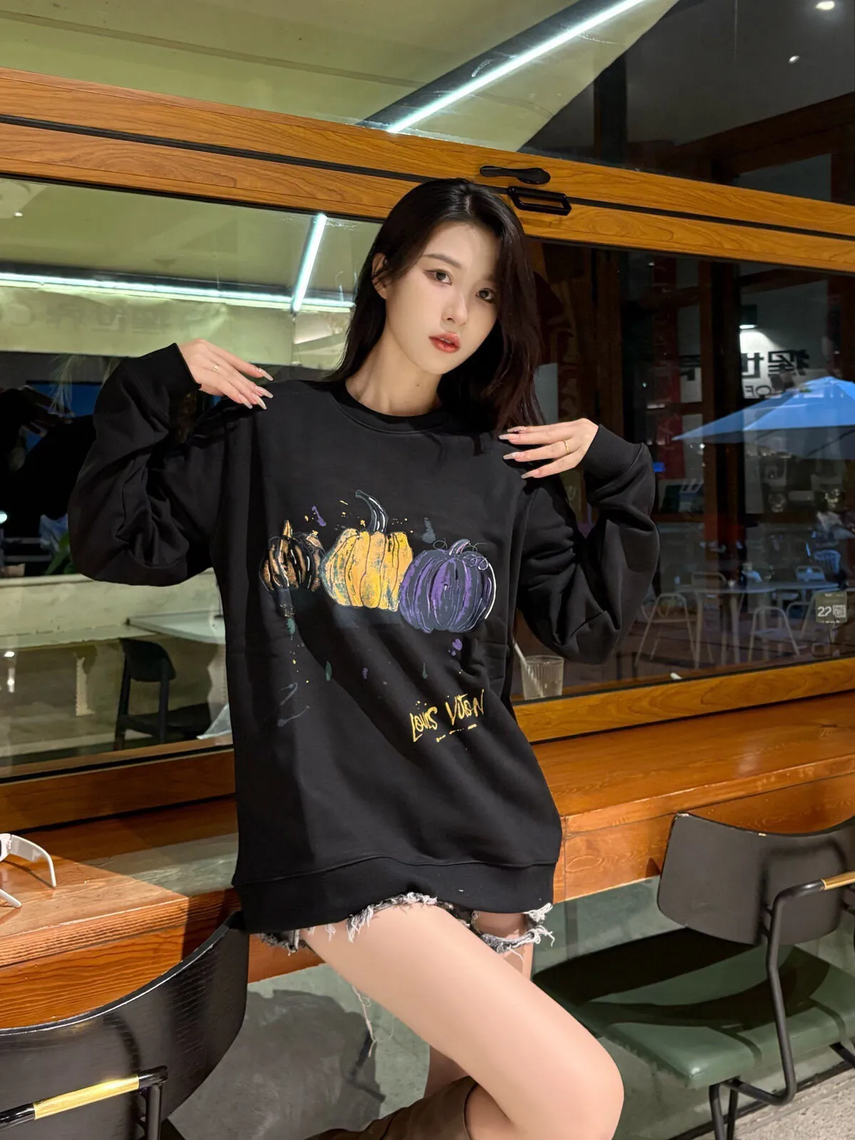 Louis Vuitton/Louis Vuitton 24FW graffiti hand-painted pumpkin round neck sweatshirt